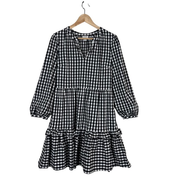 J.Crew Dresses & Skirts - J.Crew Womens Gingham Tiered Mini Dress Black White V-Neck Long Sleeve Medium